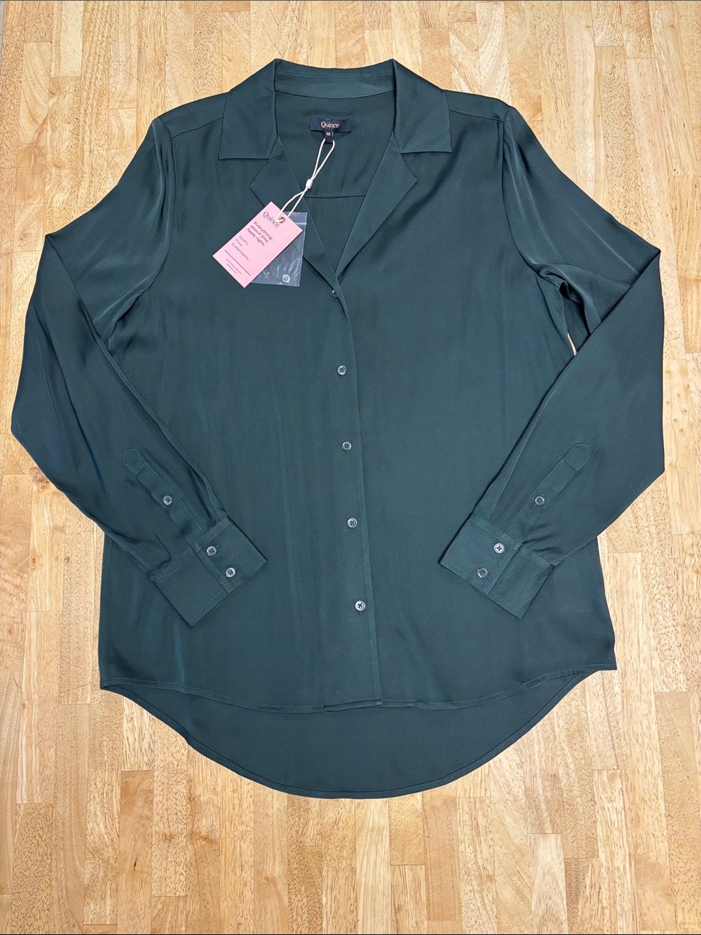 Quince Washable Stretch Silk Notch Collar Blouse Forest Green Medium M NWT